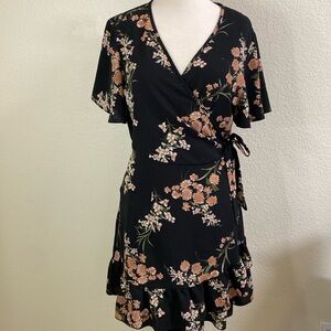 Black With Peach Flowers Wrap‎ Dress